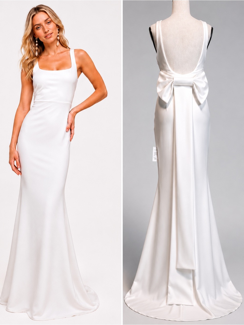Lulus Loving Fate White Bow Square Neck Backless Maxi Dress Wedding Gown Small